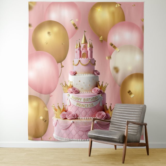 Tenture Happy Birthday Cake Princess Castle Banner (En situation)