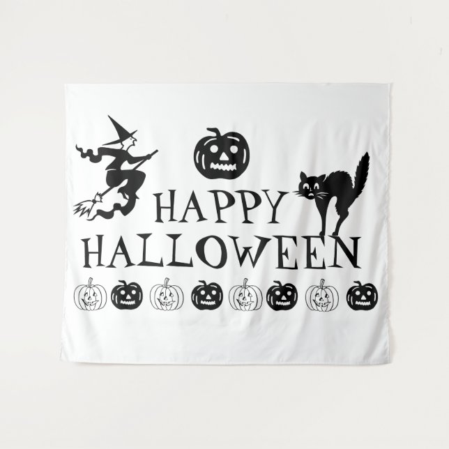 Tenture Happy Halloween éffrayant noir blanc (Devant (Horizontal))