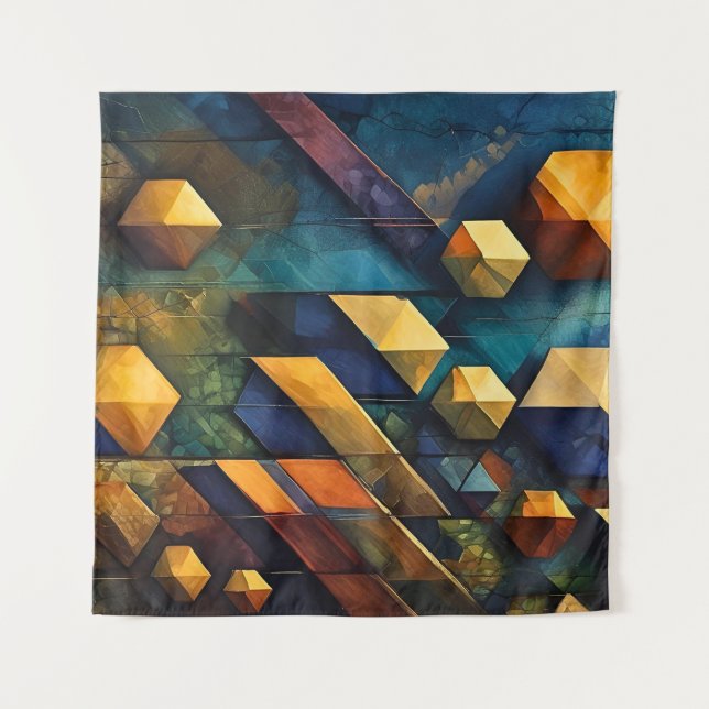 Tenture Harmonie Géométrique : Cubes Abstraits en Or et Sa (Devant)