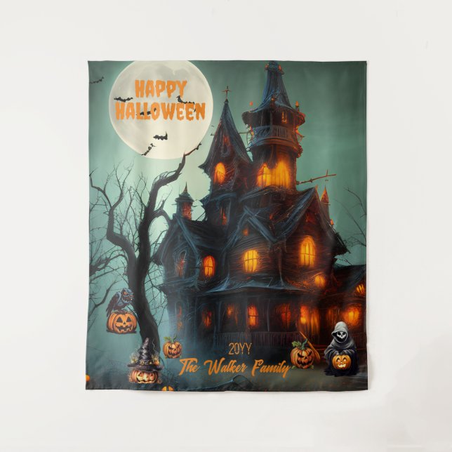 Tenture Hauny House Happy Halloween Nom de famille | Année (Devant)