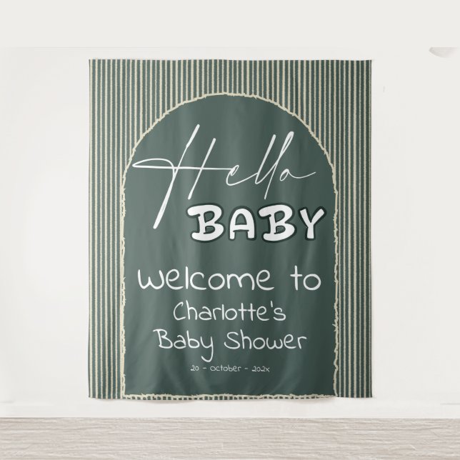 Tenture Hello Baby Dark Green Stripes Baby Shower Backdrop (Devant)