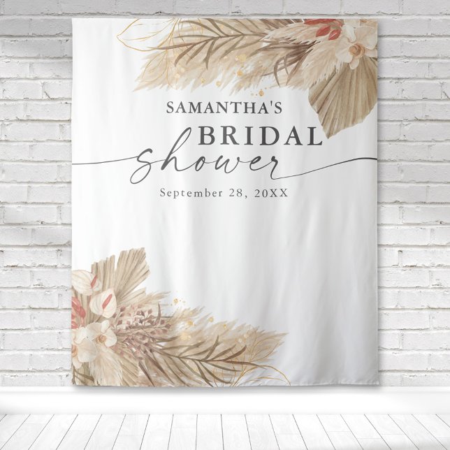 Tenture Herbe des Pampas Séchage de Palmier Mariage (Pampas grass dried palm fronds watercolor design on this bridal shower tapestry backdrop.)