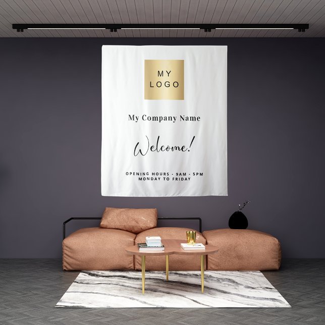 Tenture Heures d'ouverture du logo commercial blanc (Créateur téléchargé)