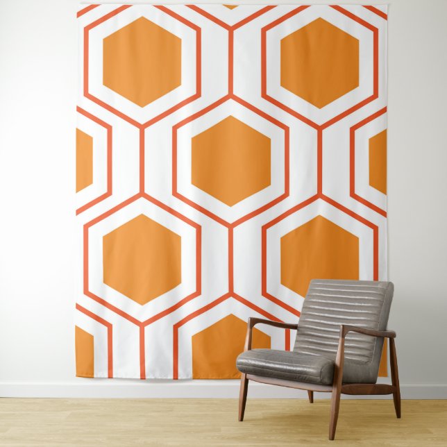 Tenture Hexagon abstract geometrical pattern en orange et (En situation)