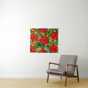Tenture Hibiscus Faux Vitrail Orange Or Rouge