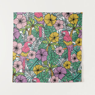 Tenture Hibiscus tropical, palmier, perroquets motif.