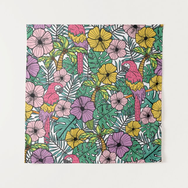 Tenture Hibiscus tropical, palmier, perroquets motif. (Devant)