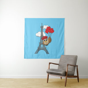 Tenture Hibou volant avec des ballons de coeur à Paris
