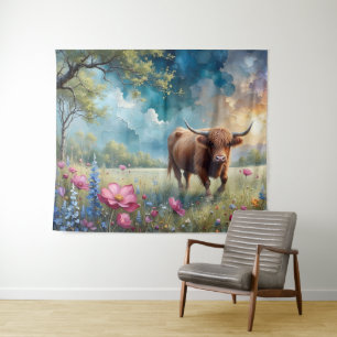 Tenture Highland Cow Floral Arbre coloré et ciel