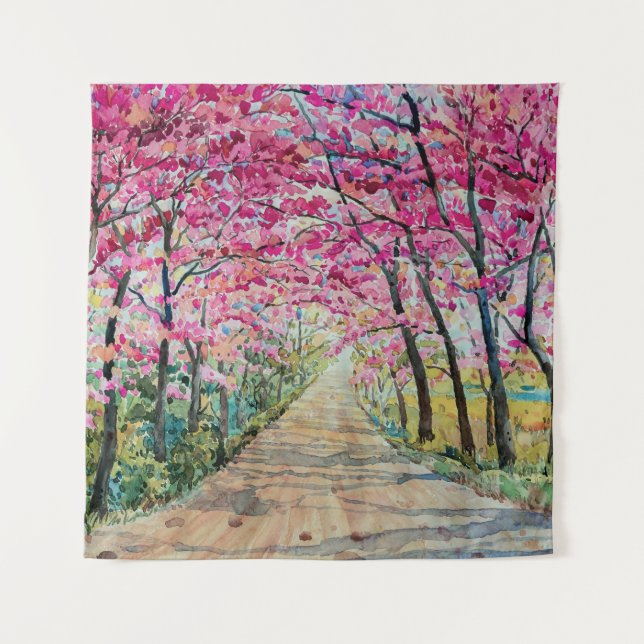 Tenture Himalaya Cherry Roadside Aquarelle Paysage (Devant)