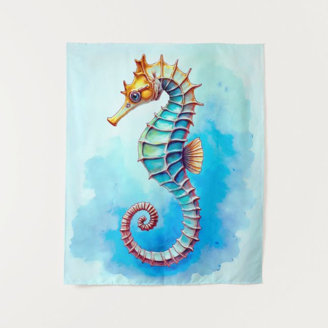 Tenture Hippocampe d'aquarelle sur Turquoise (Devant)