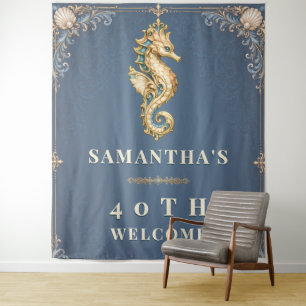 Tenture Hippocampe vintage bleu plage anniversaire de bien