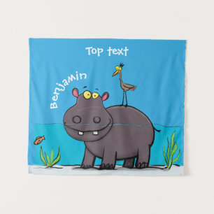 Tenture Hippopotame drôle mignon avec dessin animé d'oisea