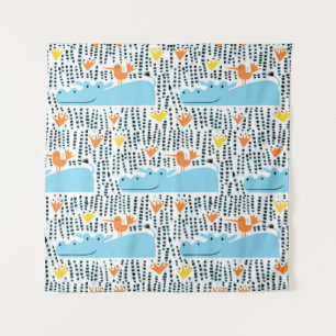 Tenture Hippos Birds Lake : Motif Vintage.