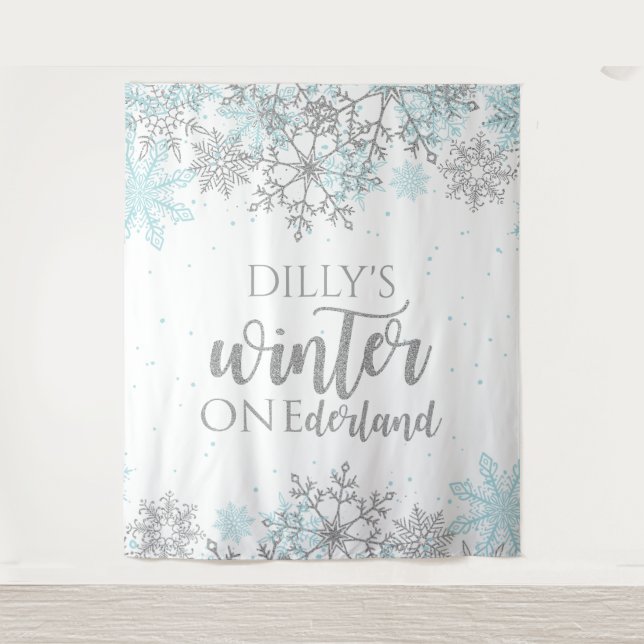 Tenture Hiver Onederland flocon de neige bleu et argent (Devant)