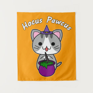 Tenture Hocus Pawcus - Chat tigré gris - Écriture blanche