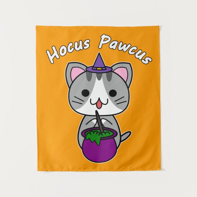 Tenture Hocus Pawcus - Grey Tabby Chat - Écriture Blanche (Devant)