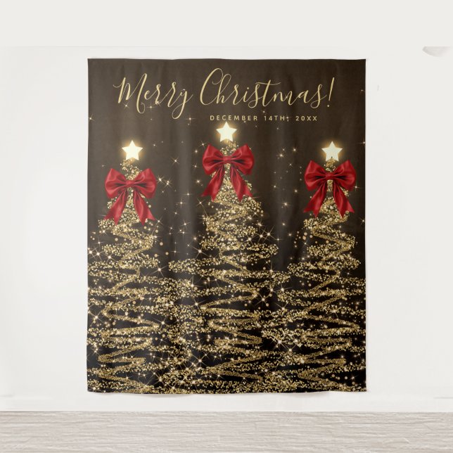 Tenture Holiday Backdrop Gold Christmas Trees w/ Red Bows (Devant)