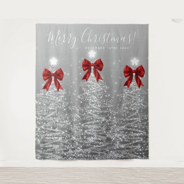 Tenture Holiday Backdrop Silver Christmas Trees Red Bows (Devant)