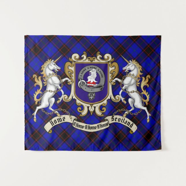 Tenture Home Clan Badge & Unicorns avec Tartan (Devant (Horizontal))