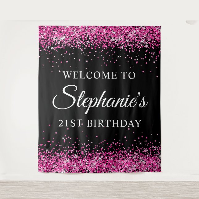 Tenture Hot Pink Glitter Black 21st Birthday Welcome (Devant)