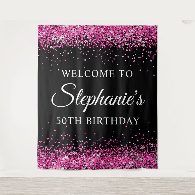 Tenture Hot Pink Glitter Black 50th Birthday Welcome (Devant)