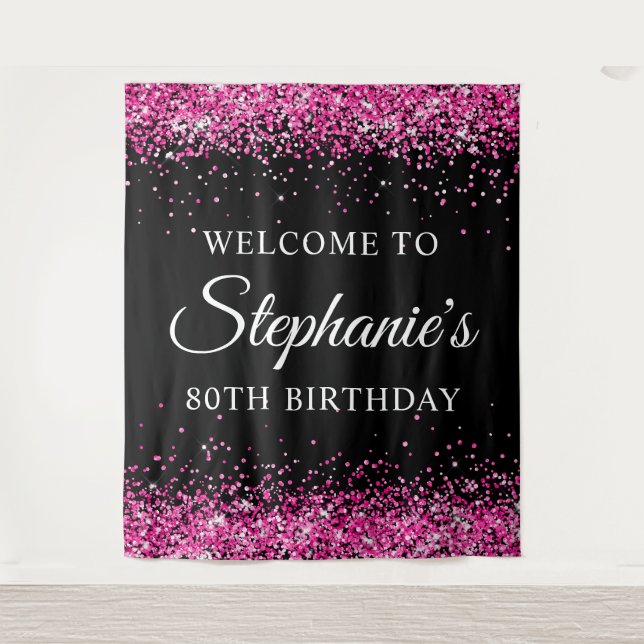 Tenture Hot Pink Glitter Black 80th Birthday Welcome (Devant)