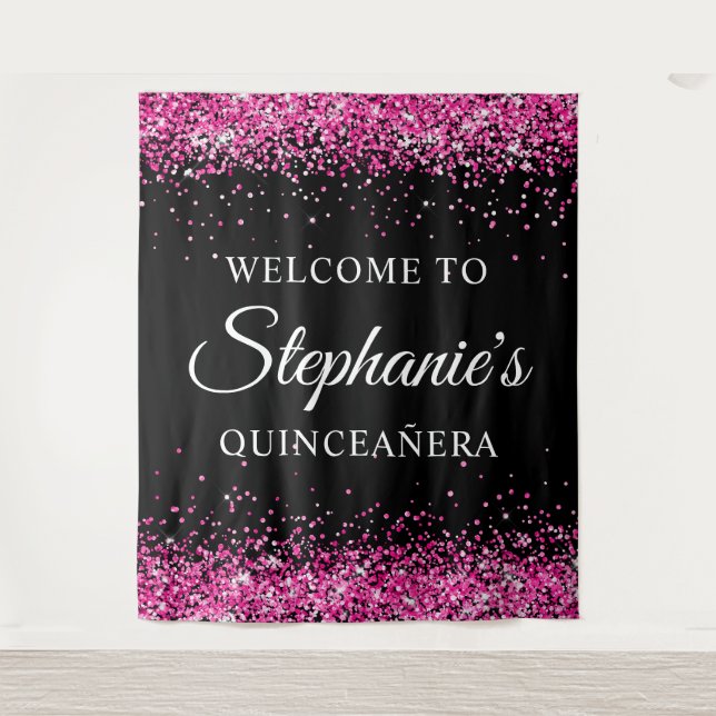 Tenture Hot Pink Glitter Black Quinceañera Welcome (Devant)