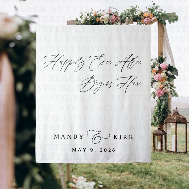 Tenture Ici commence un bonheur éternel Fond de mariage  (happily ever after wedding backdrop banner)