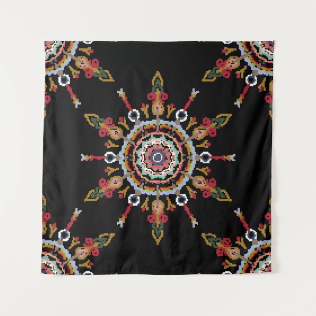 Tenture Ikat Damask Rouge Vert Vintage (Devant)