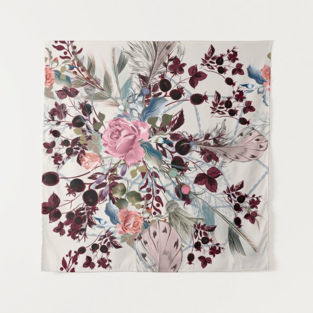 Tenture Illustration bo-ho mode avec fleurs roses et p (Devant)