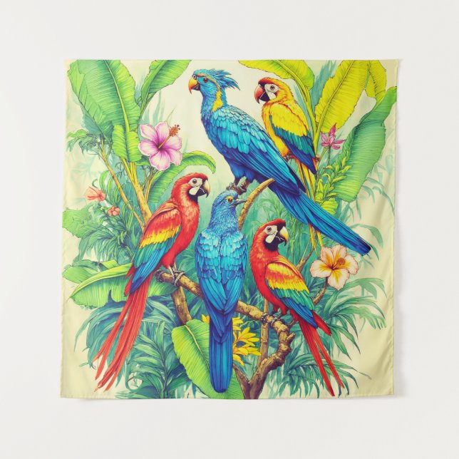 Tenture Illustration botanique d'oiseaux tropicaux (Devant)
