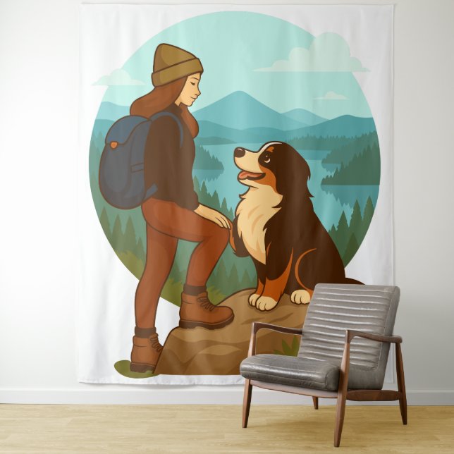 Tenture Illustration d'aventure de fille et de chien de mo (En situation)