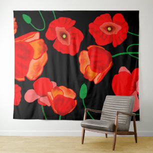 Tenture Illustration de coquelicots rouges sur fond noir