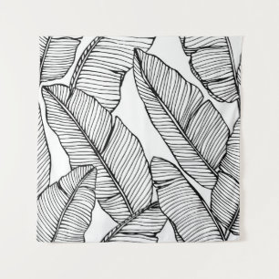 Tenture Illustration de la feuille de bananier noir blanc