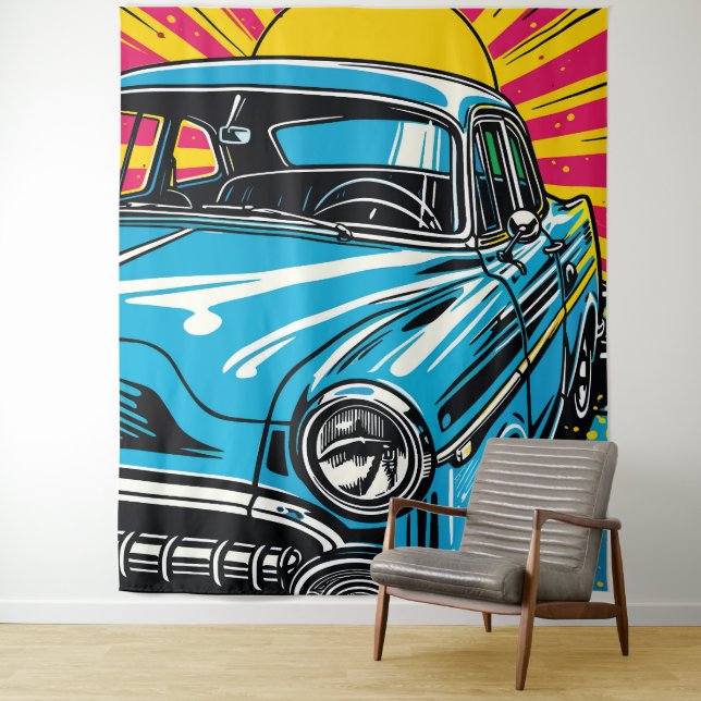 Tenture Illustration Pop Art Avant d'une Voiture Classique (En situation)