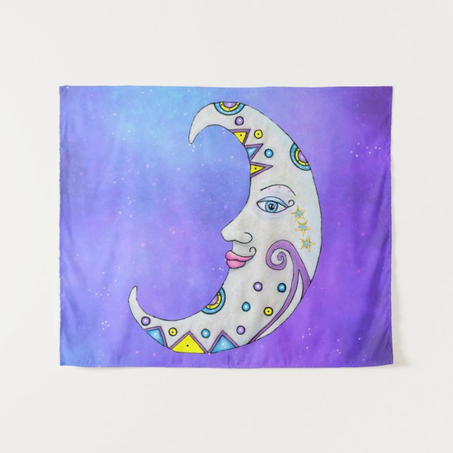 Tenture Imaginaire Lune blanche Face aux accents de couleu (Devant (Horizontal))