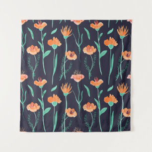 Tenture Imaginaire Orange Fleurs : Aquarelle Motif foncé.