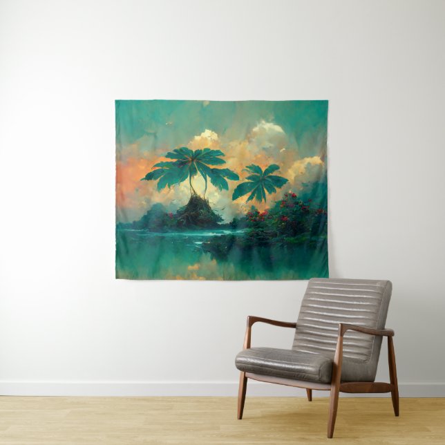 Tenture Imaginaire tropical Mer & Palmiers (En situation (horizontale))