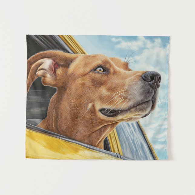 Tenture Impression d'art Chien Heureux dans une Voiture Ja (Devant (Horizontal))