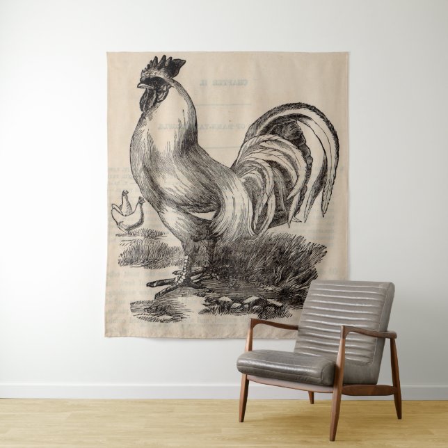 Tenture Imprimé du 19e siècle blanc Coq Dorking (En situation)