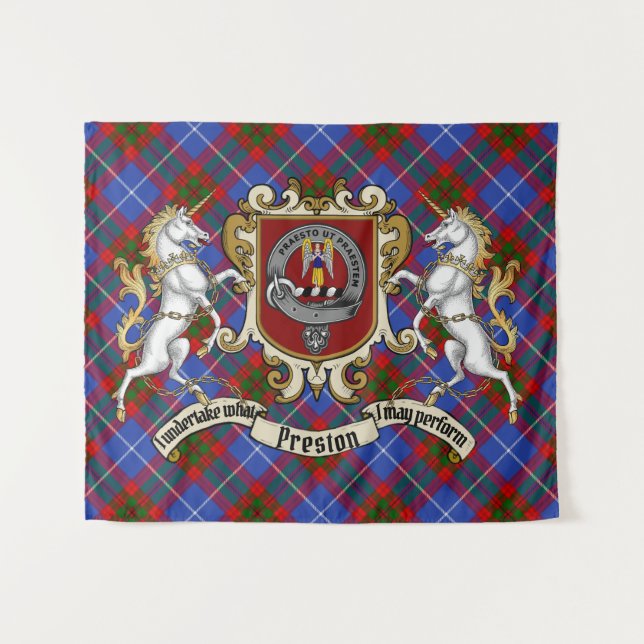 Tenture Insigne de clan Preston et licornes avec Tartan (Devant (Horizontal))