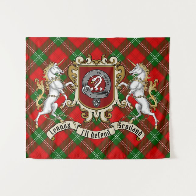 Tenture Insigne du clan Lennox & licornes avec tartan (Devant (Horizontal))