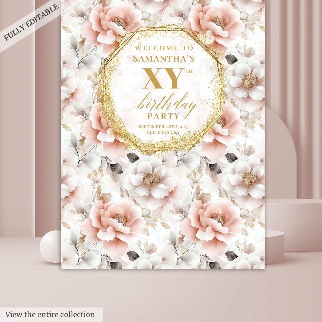 Tenture Intemporel Floral Dusty rose Anniversaire (Timeless Floral Dusty Pink Birthday Party Backdrop

)