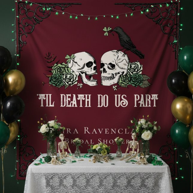 Tenture Irish Til Death Burgundy Gothic Skulls Backdrop (Burgundy Gothic Til Death Do Us Part Irish Bridal Shower Backdrop. Vintage Skulls, Flowers, Shamrock)