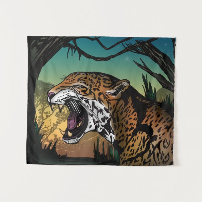 Tenture Jaguar féroce rugissant Jungle (Devant (Horizontal))