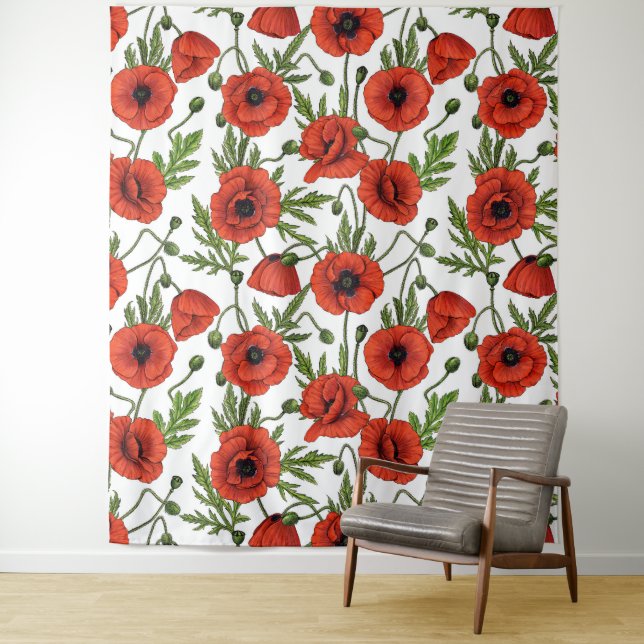 Tenture Jardin de coquelicot dans le corail et brun (En situation)