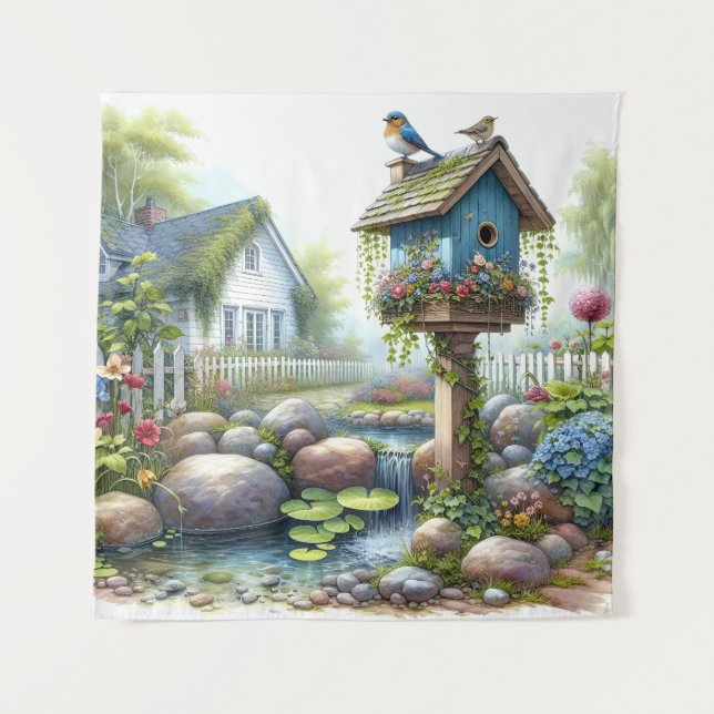 Tenture Jardin de maisonnette à l'aquarelle avec nichoir à (Devant)