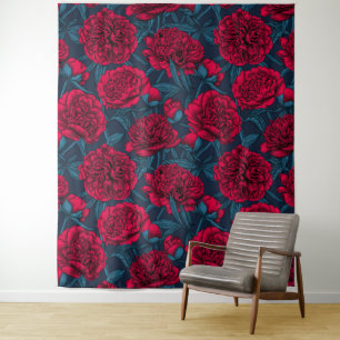 Tenture Jardin de pivoine rouge sur bleu foncé