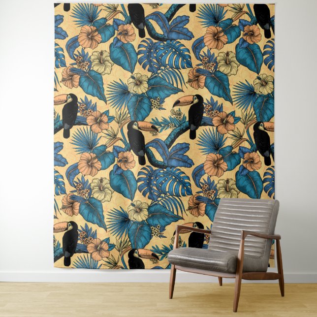 Tenture Jardin toucan en jaune et bleu (En situation)